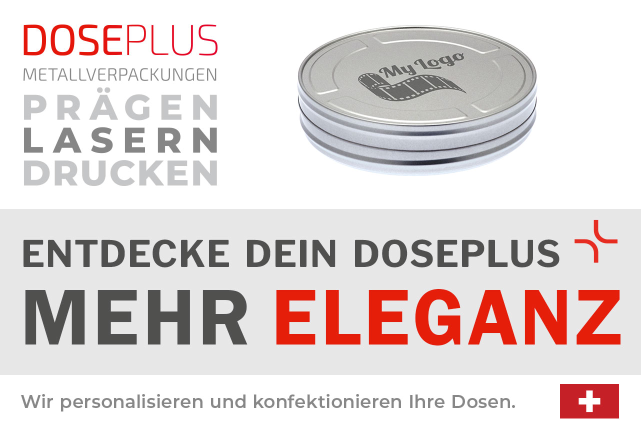 Runde Filmdose FD 015 von Doseplus in Silber – Bannertext: „Entdecke dein Doseplus – mehr Eleganz“. Hinweis auf Druck, Gravur und Prägung als verfügbare Veredelungen.