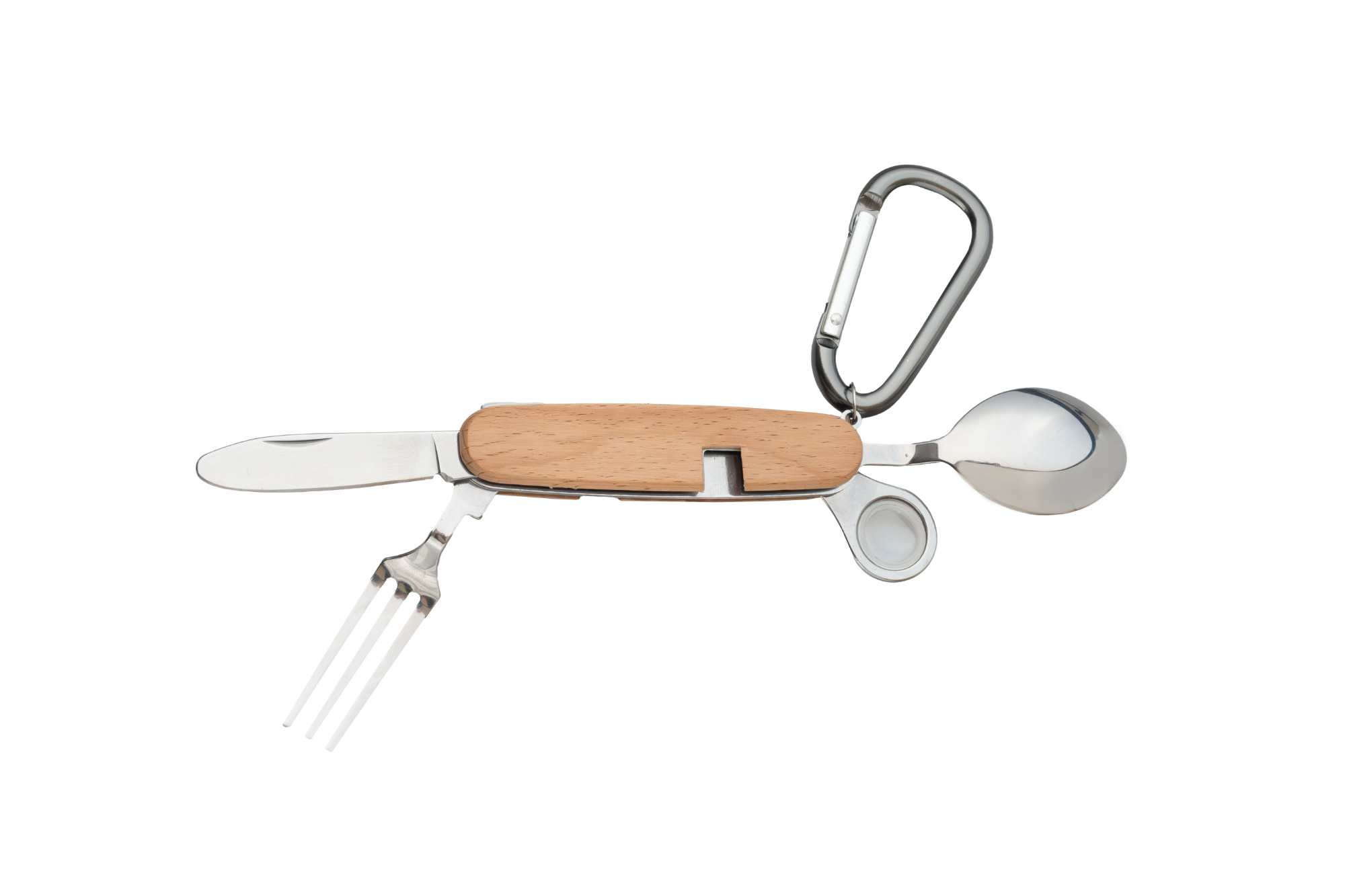 Praktisches Kinder-Campingbesteck mit natürlichem Holzgriff, bestehend aus Messer, Gabel und Löffel aus Metall. Das kompakte Besteckset verfügt über einen Karabiner zur einfachen Befestigung und eine integrierte Wasserwaage.