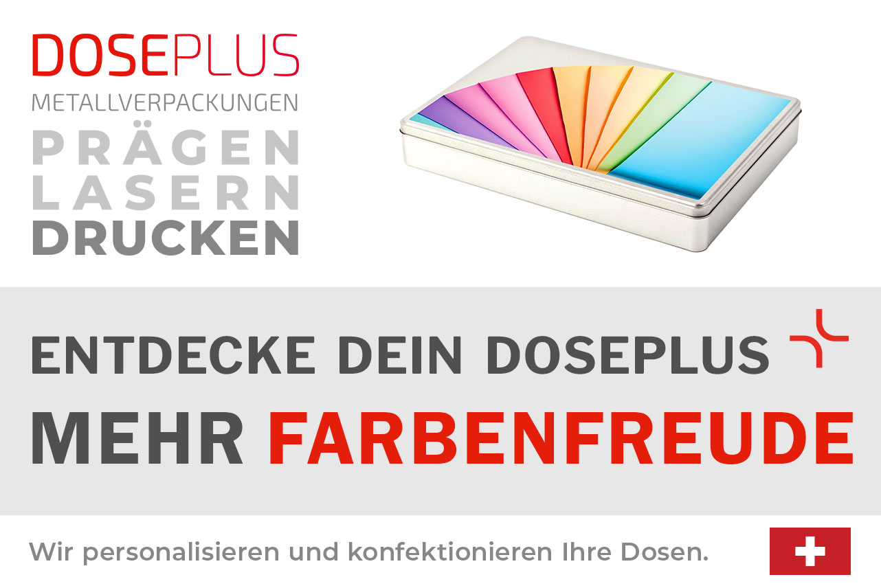 Doseplus A4 Maxi Metalldose – Bannertext: Entdecke dein Doseplus, mehr Farbenfreude. Große, silberne DIN-A4-Dose mit Druckveredelung für kreative Verpackungslösungen und farbenfrohes Branding.