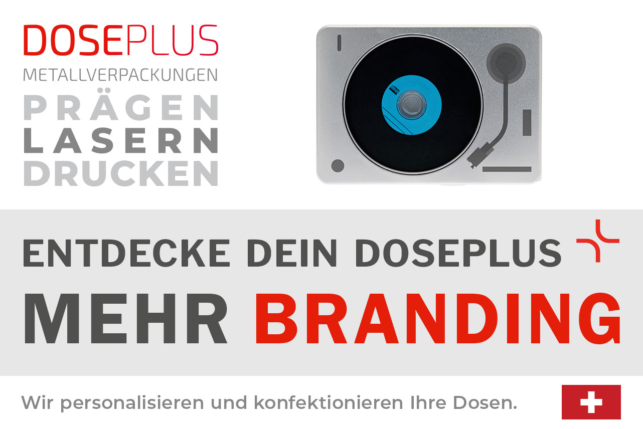 Doseplus DVD-Dose mit Sichtfenster – Bannertext: Entdecke dein Doseplus, mehr Branding. Hochwertige Metalldose für Medien, mit individueller Gravur oder Druck für professionelle Markenpräsentationen.