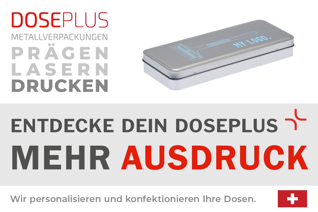 Doseplus silberne rechteckige Metalldose mit hellblauem Druck eines Rasierers und Schriftzug „MY LOGO“. Text: „Metallverpackungen prägen, lasern, drucken – Entdecke dein Doseplus, mehr Ausdruck“.
