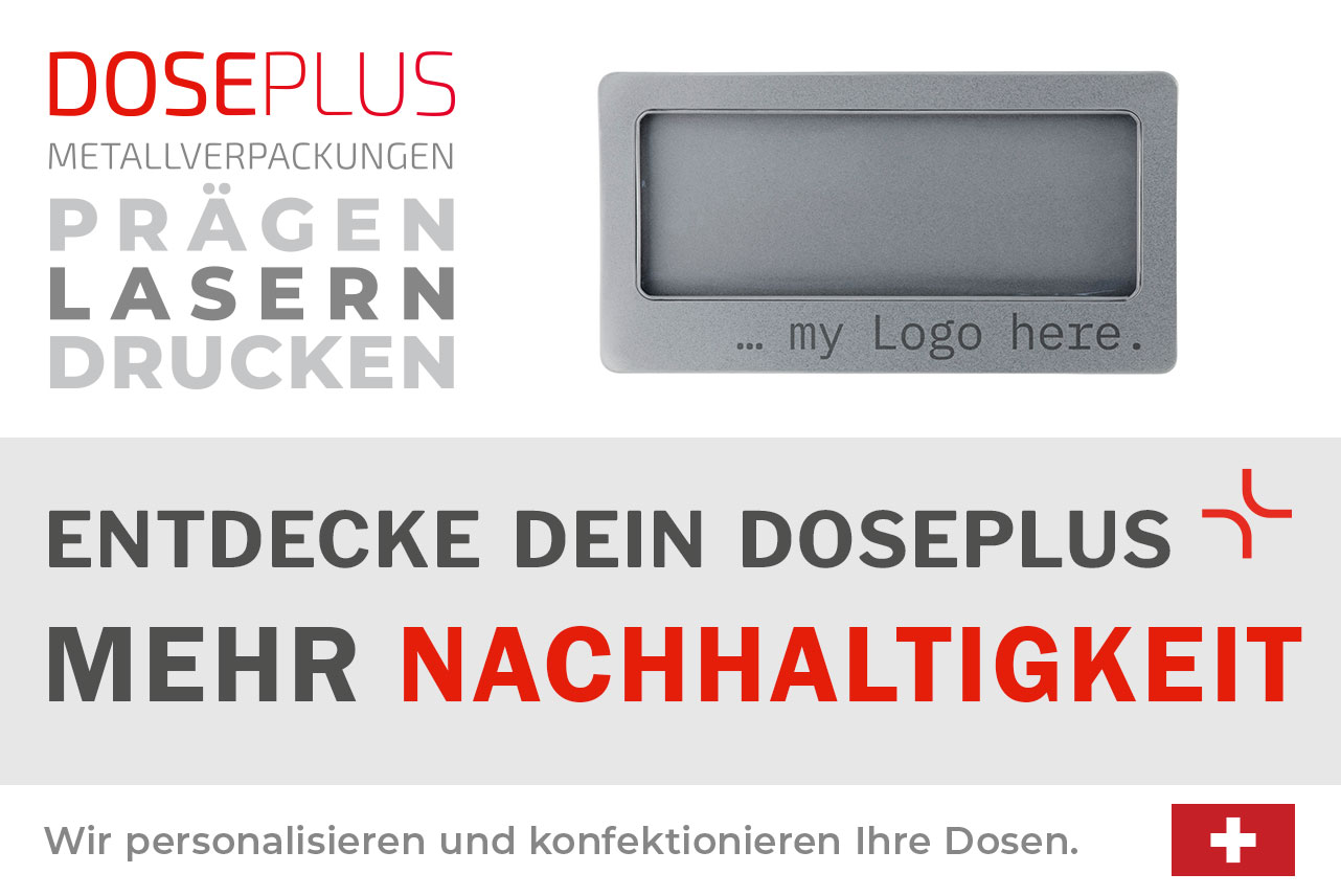 Doseplus DIN Lang Metalldose mit Sichtfenster – Bannertext: Entdecke dein Doseplus, mehr. Edle Aufbewahrungsdose aus Metall mit Gravur für Produktverpackungen.