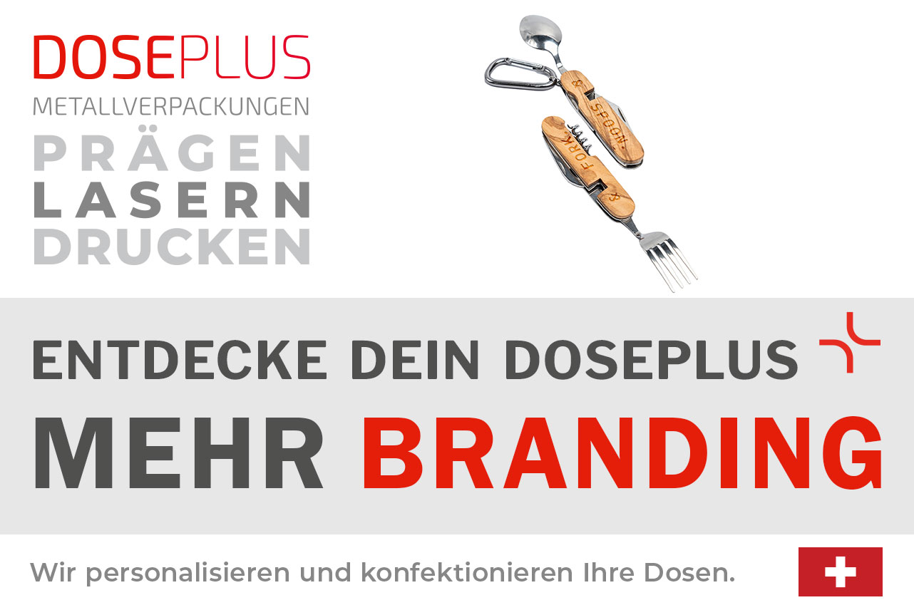 Outdoor-Besteck BE 01 mit Olivenholzgriff – Banner: Entdecke dein Doseplus – Mehr Branding. Edelstahl-Multifunktionsbesteck mit hochwertigem Holzgriff zur individuellen Veredelung.