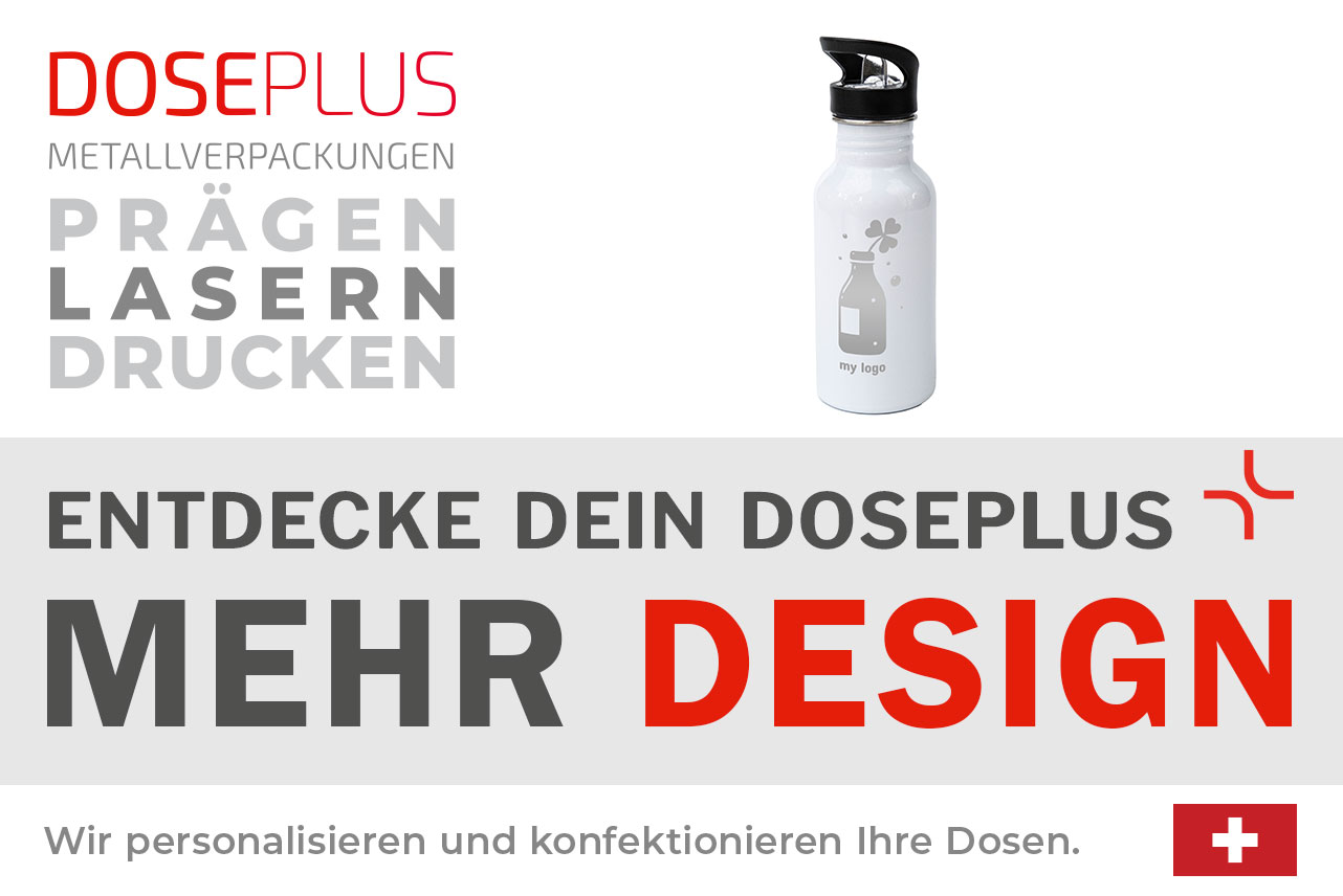 Edelstahl-Trinkflasche TFL 025 von Doseplus – Bannertext: Entdecke dein Doseplus – Mehr Design. Robuste Edelstahlflasche für Werbezwecke, geeignet für Druck, Gravur und Laser-Veredelung.