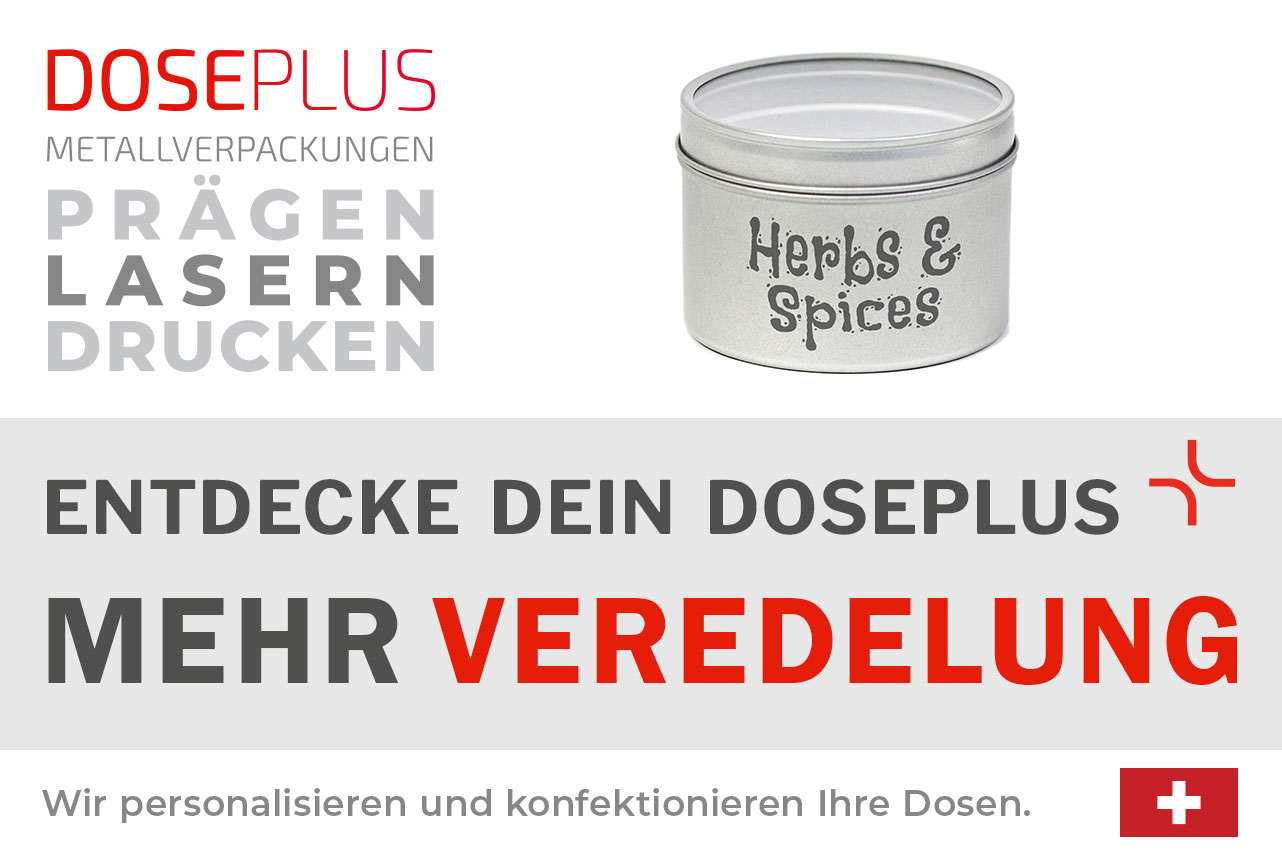 Doseplus Gewürzdose aus Metall mit Sichtfenster – Bannertext: Entdecke dein Doseplus, mehr Veredelung. Runde Kräuterdose mit Gravur und Druckoption für hochwertige Produktverpackungen.