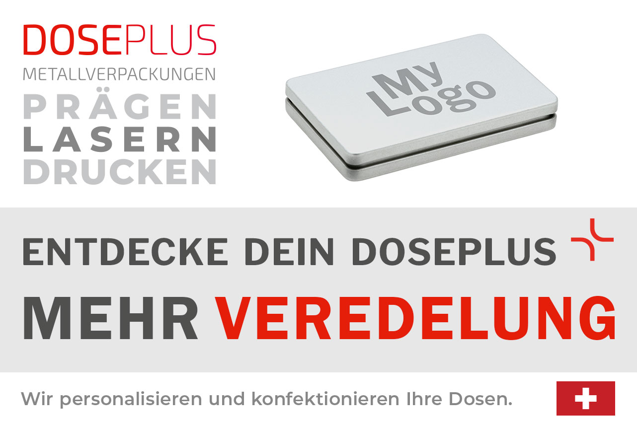 Doseplus DSE 001 Visitenkartendose aus Metall – Bannertext: Entdecke dein Doseplus, mehr Veredelung. Rechteckige silberne Metalldose mit Lasergravur für hochwertige Markenpräsentation.