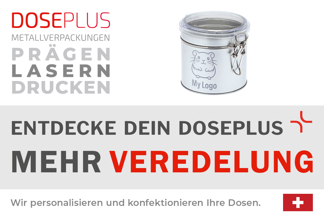 Runde Vorratsdose aus Weißblech DSA 005 mit praktischem Bügelverschluss – Banner: Entdecke dein Doseplus – Mehr Veredelung. Edle Metalldose zur individuellen Veredelung.
