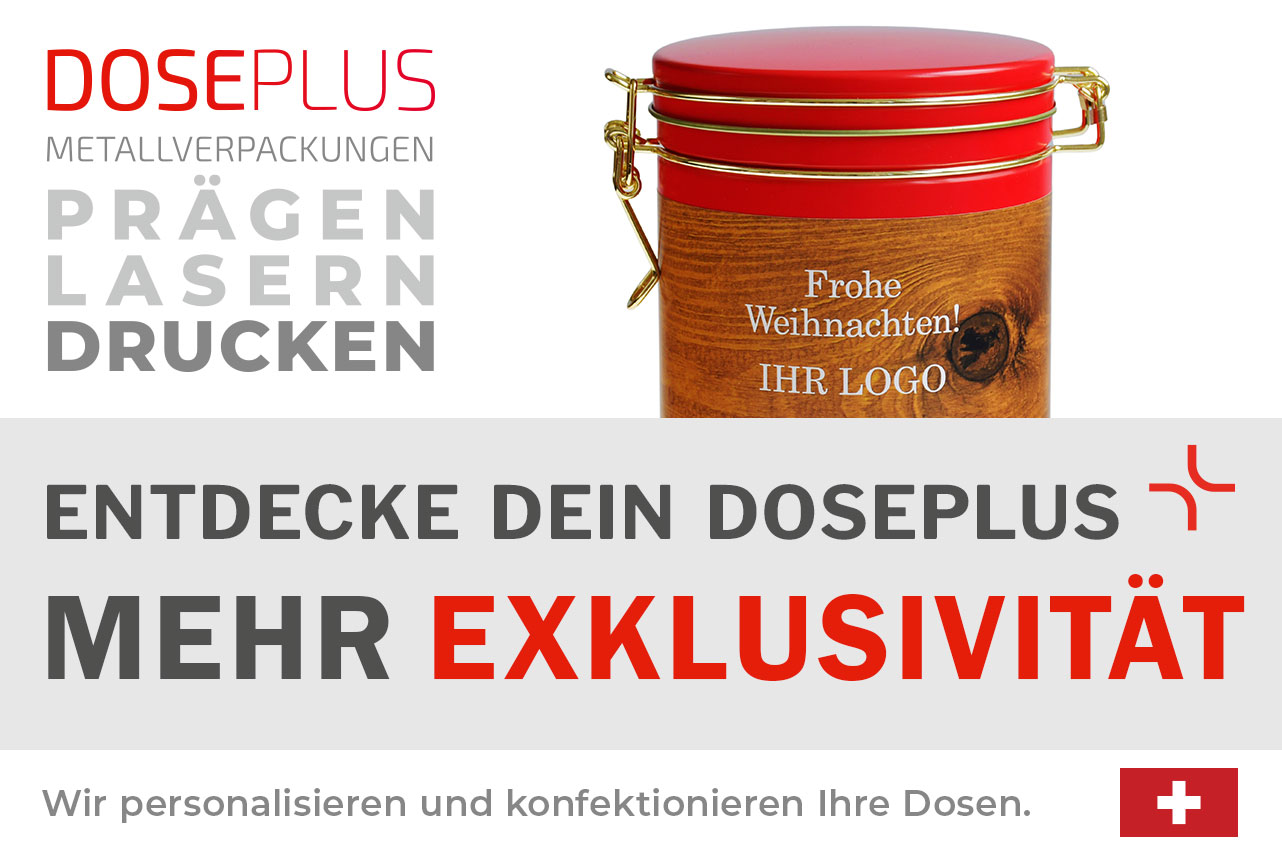 Doseplus Metallverpackung mit gelaserter Kamera-Illustration und Schriftzug „Photographers Box“. Text: „Metallverpackungen prägen, lasern, drucken – Entdecke dein Doseplus, mehr Eleganz“.
