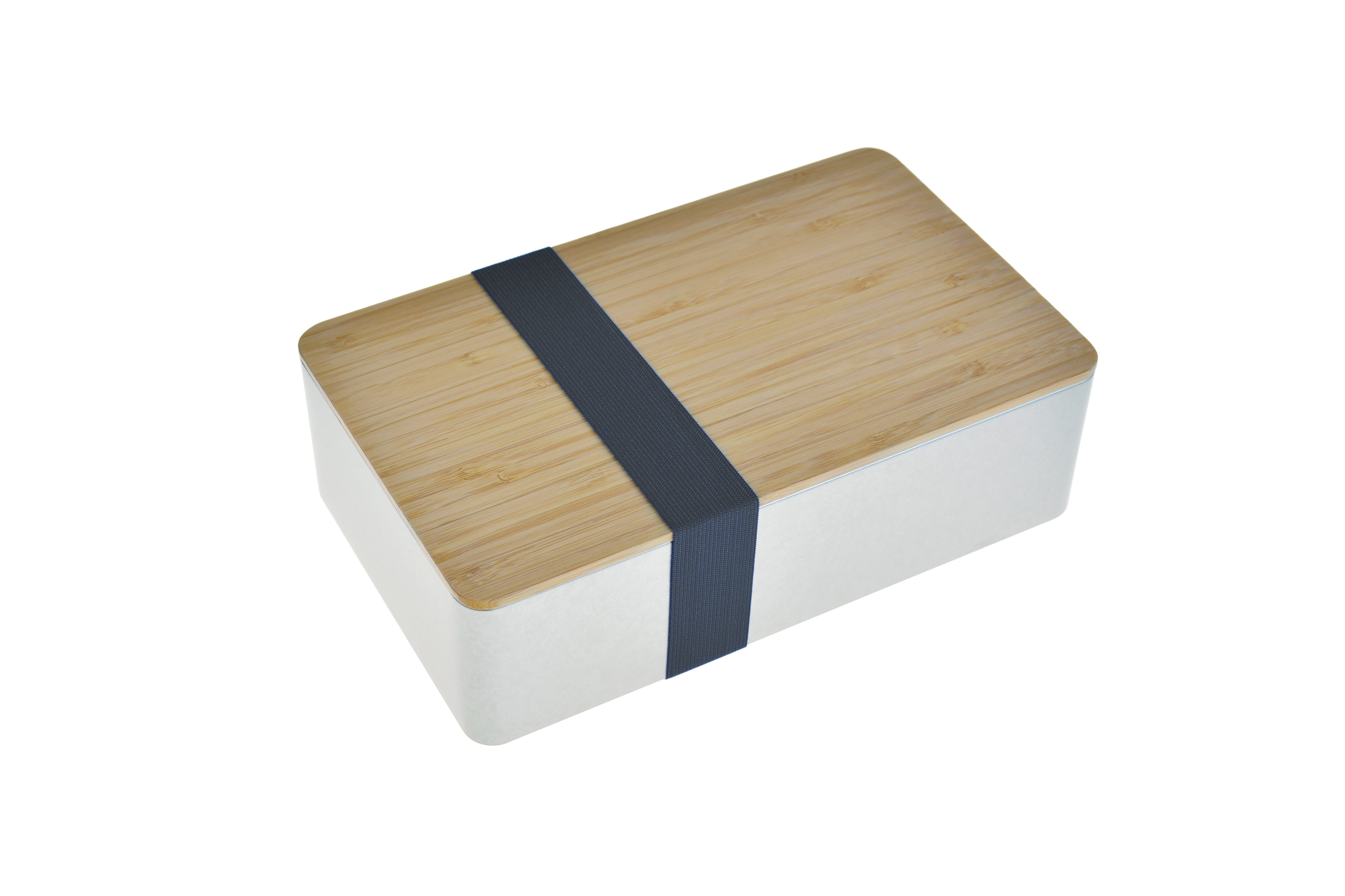Rechteckige Metalldose mit Bambusdeckel und schwarzem Gummiband – Doseplus DSE 31F.