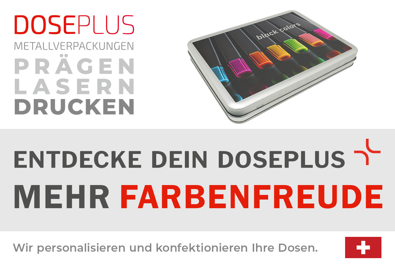 Doseplus rechteckige silberne Metalldose mit farbenfrohem Druck und Motiv bunter Stifte auf schwarzem Hintergrund. Text: „Metallverpackungen prägen, lasern, drucken – Entdecke dein Doseplus, mehr Farbenfreude“.