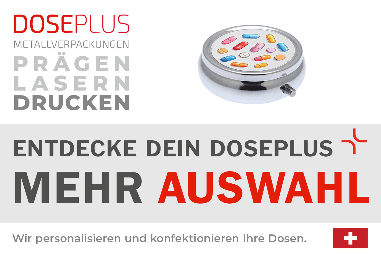 Doseplus Pillendose aus Metall – Bannertext: Entdecke dein Doseplus, mehr Auswahl. Runde, glänzende Pillendose mit individuellem Druck für personalisierte Geschenk- und Werbeartikel.
