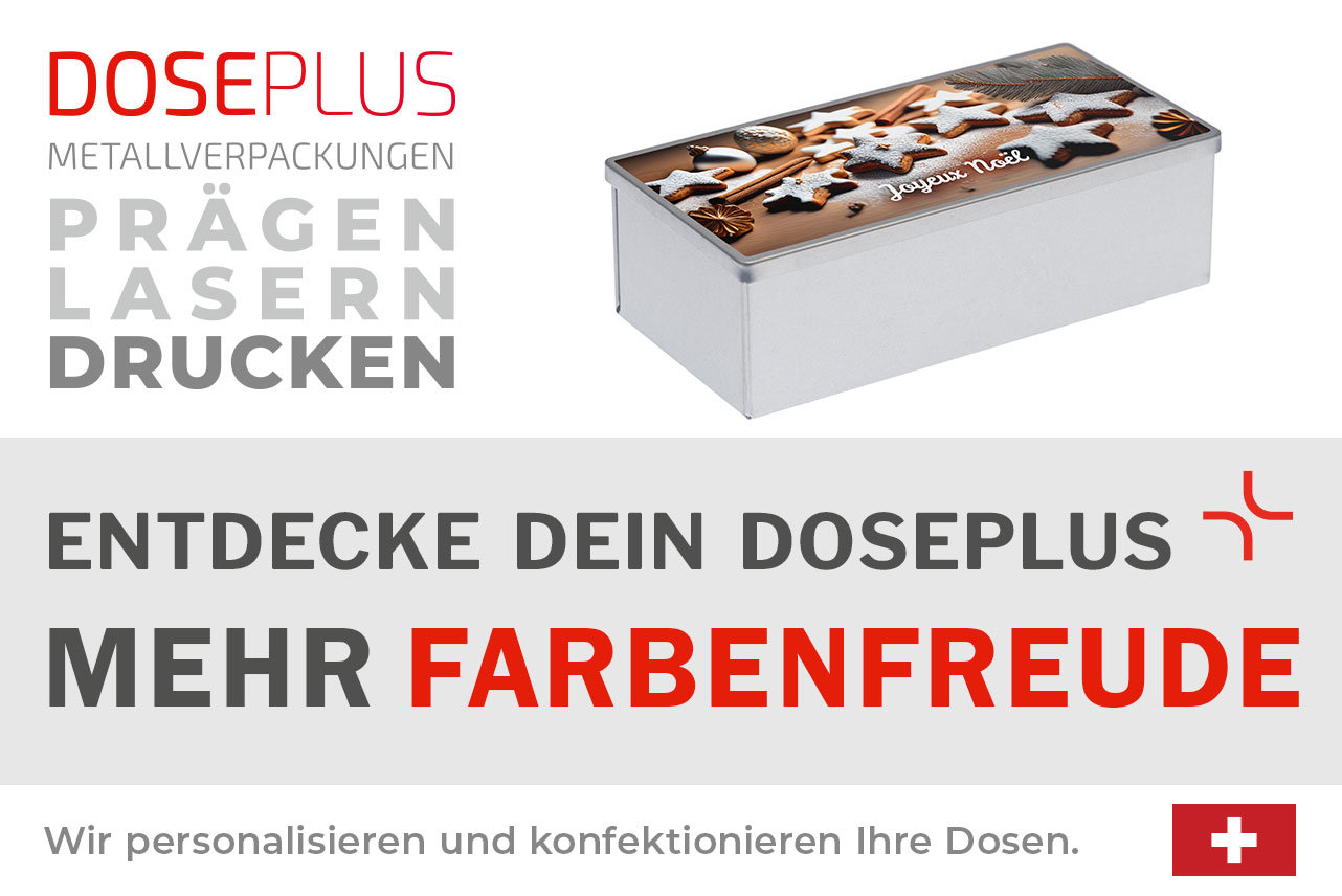 Doseplus eckige Metalldose – Bannertext: Entdecke dein Doseplus, mehr Farbenfreude. Hochwertige Blechdose mit farbigem Druck, Gravur und Prägung für kreative Verpackungslösungen.