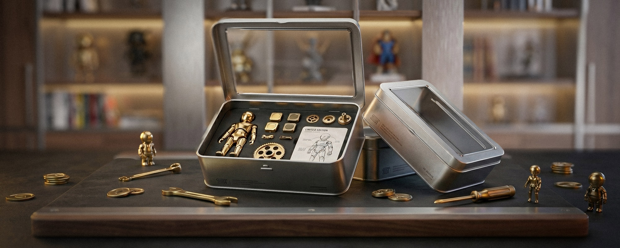 Geöffnete Metalldose mit goldfarbenen Miniaturfiguren auf einem Holztisch; daneben weitere Dose und einzelne Sammelstücke, im Hintergrund unscharfe Regale für Sammlerfiguren.