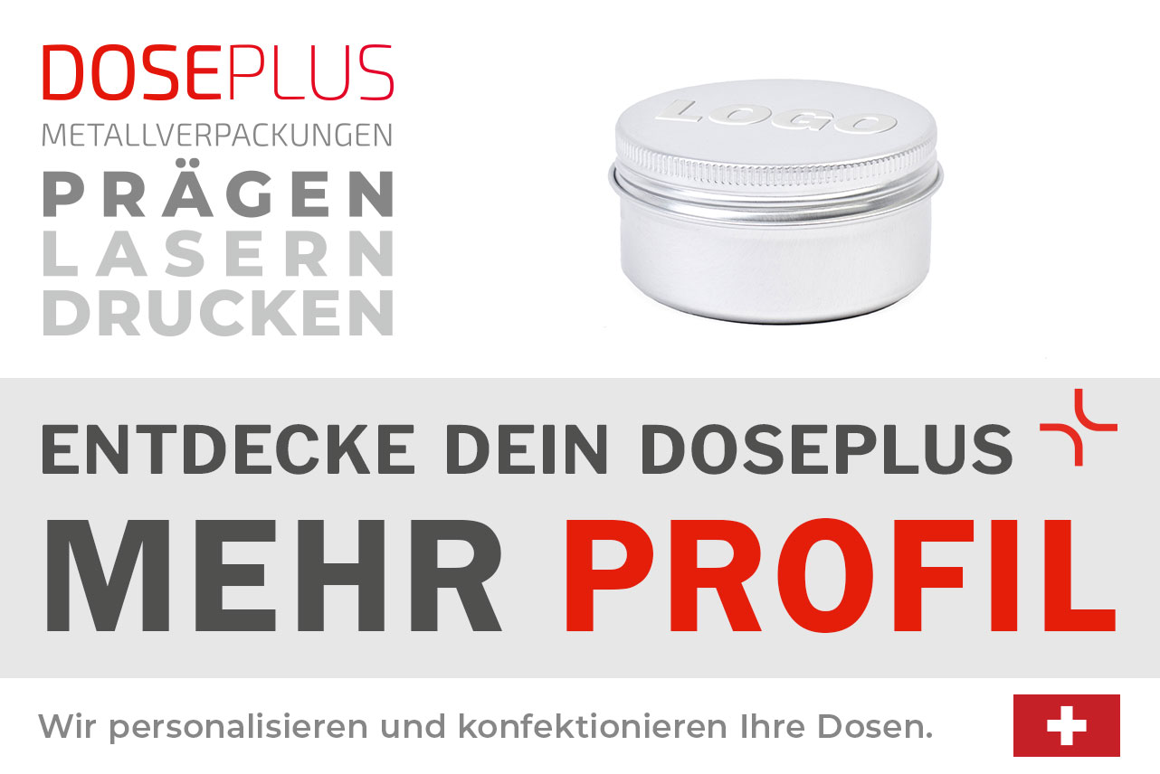 Doseplus Aluminiumdose mit Schraubdeckel – Bannertext: Entdecke dein Doseplus, mehr Profil. Personalisierte Metallverpackungen, geprägt, gelasert, gedruckt.
