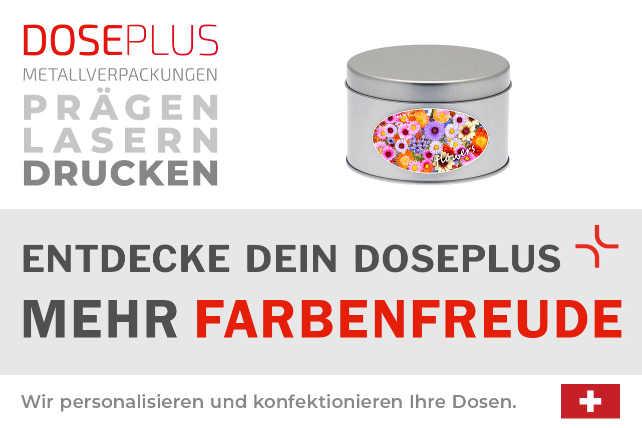 Doseplus runde silberne Metalldose mit farbenfrohem Blumen-Aufkleber und dem Schriftzug „flowers“. Text: „Metallverpackungen prägen, lasern, drucken – Entdecke dein Doseplus, mehr Farbenfreude“.