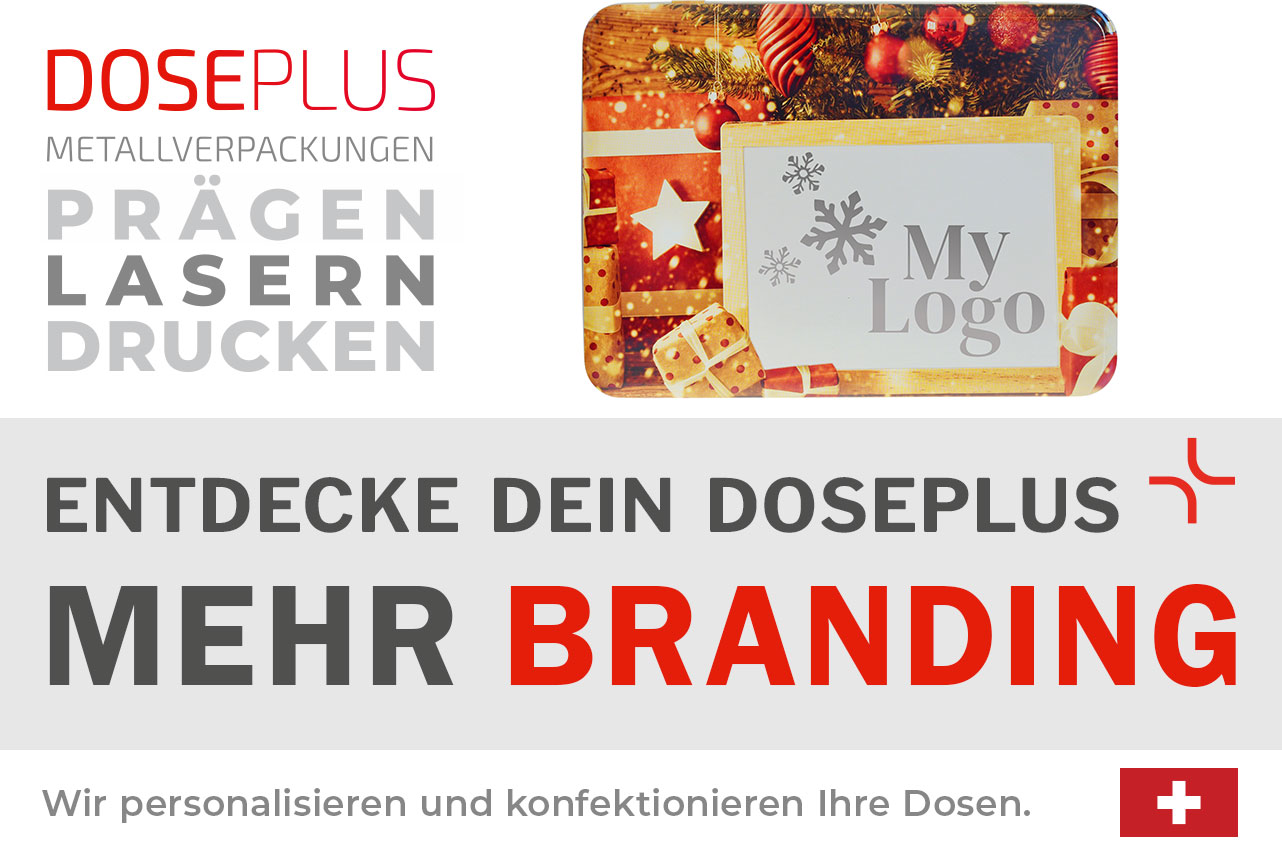 Weihnachtsdose WD 091 von Doseplus mit winterlichem Motiv und individuell bedruckbarem Deckel. Bannertext: „Entdecke dein Doseplus – mehr Branding“. Ideal für exklusive B2B-Brandinglösungen.