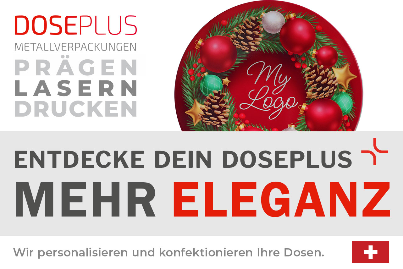 Doseplus WD 036 – runde Weihnachtsdose mit rotem Christkugel-Layout – Text: „Entdecke dein Doseplus – Mehr Eleganz“. Professionelle Verpackungsdose zur individuellen Veredelung im B2B-Bereich.