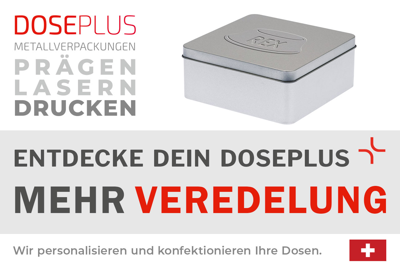 Doseplus quadratische Geschenkdose – Bannertext: Entdecke dein Doseplus, mehr Veredelung. Hochwertige Metalldose mit Gravur, Prägung und Druck für individuelle Markenauftritte.