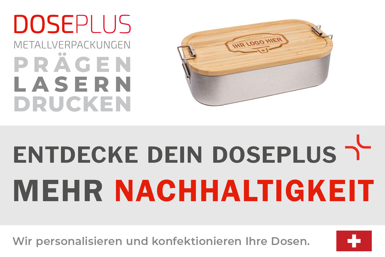 Doseplus Lunchbox aus Edelstahl mit Bambusdeckel – Bannertext: Entdecke dein Doseplus, mehr. Metallverpackungen mit Gravur, Prägung und Druck.