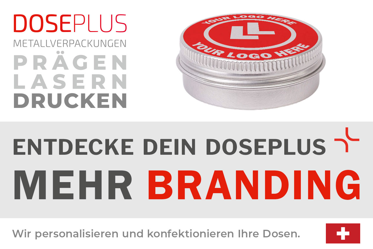 Doseplus Aluminiumdose mit Schraubdeckel – Bannertext: Entdecke dein Doseplus, mehr Branding. Individuelle Metallverpackungen, geprägt, gelasert, gedruckt.