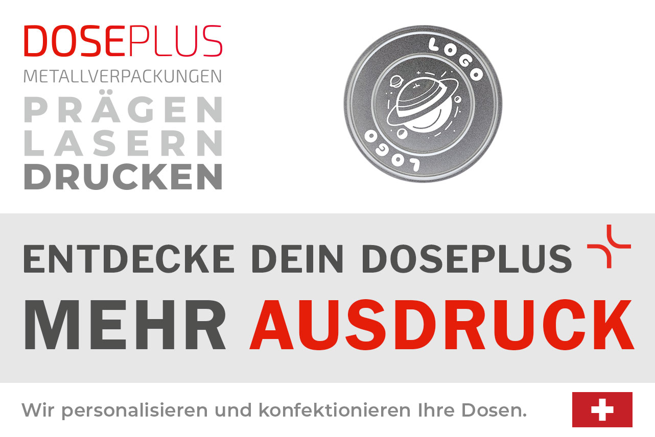 Runde Filmdose FD 005 von Doseplus – Banner: „Entdecke dein Doseplus – mehr Ausdruck“. Premium-Metalldose zur Personalisierung durch Druck, Gravur oder Prägung.
