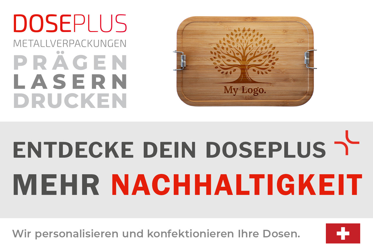 Große Edelstahl-Lunchbox CP BA C8 mit Bambusdeckel – Banner: Entdecke dein Doseplus – Mehr. Premium-Lunchbox perfekt für Logos, Branding und Gravur.