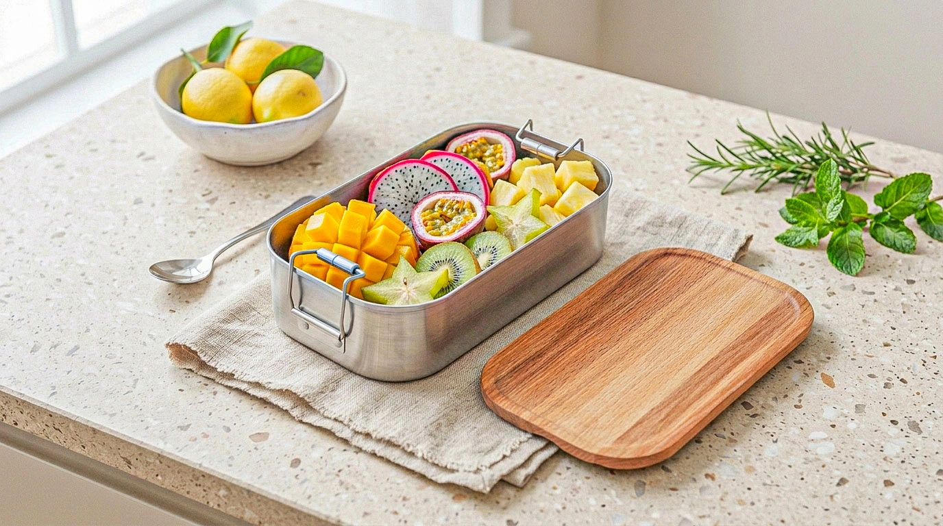 Lunchbox mit frischen tropischen Früchten wie Mango, Kiwi, Ananas, Drachenfrucht und Maracuja
