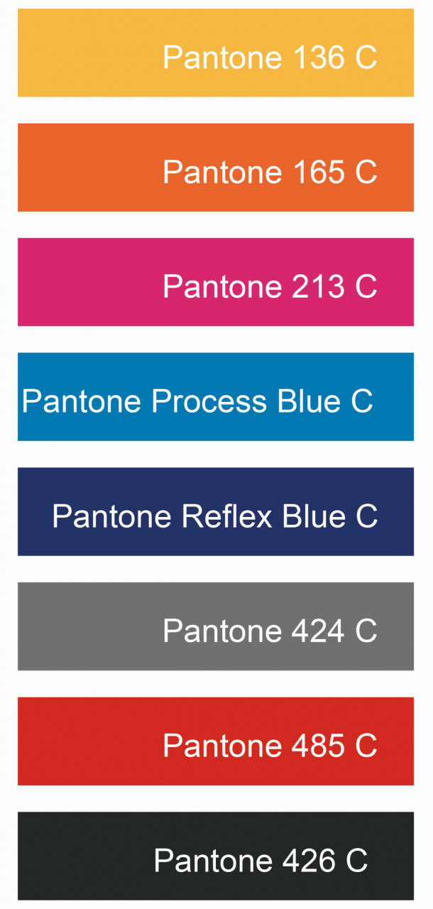 Pantone-Farbskala mit acht Farbfeldern, darunter Gelb (Pantone 136 C), Orange (Pantone 165 C), Pink (Pantone 213 C), Blau (Pantone Process Blue C, Reflex Blue C), Grau (Pantone 424 C), Rot (Pantone 485 C) und Schwarz (Pantone 426 C).