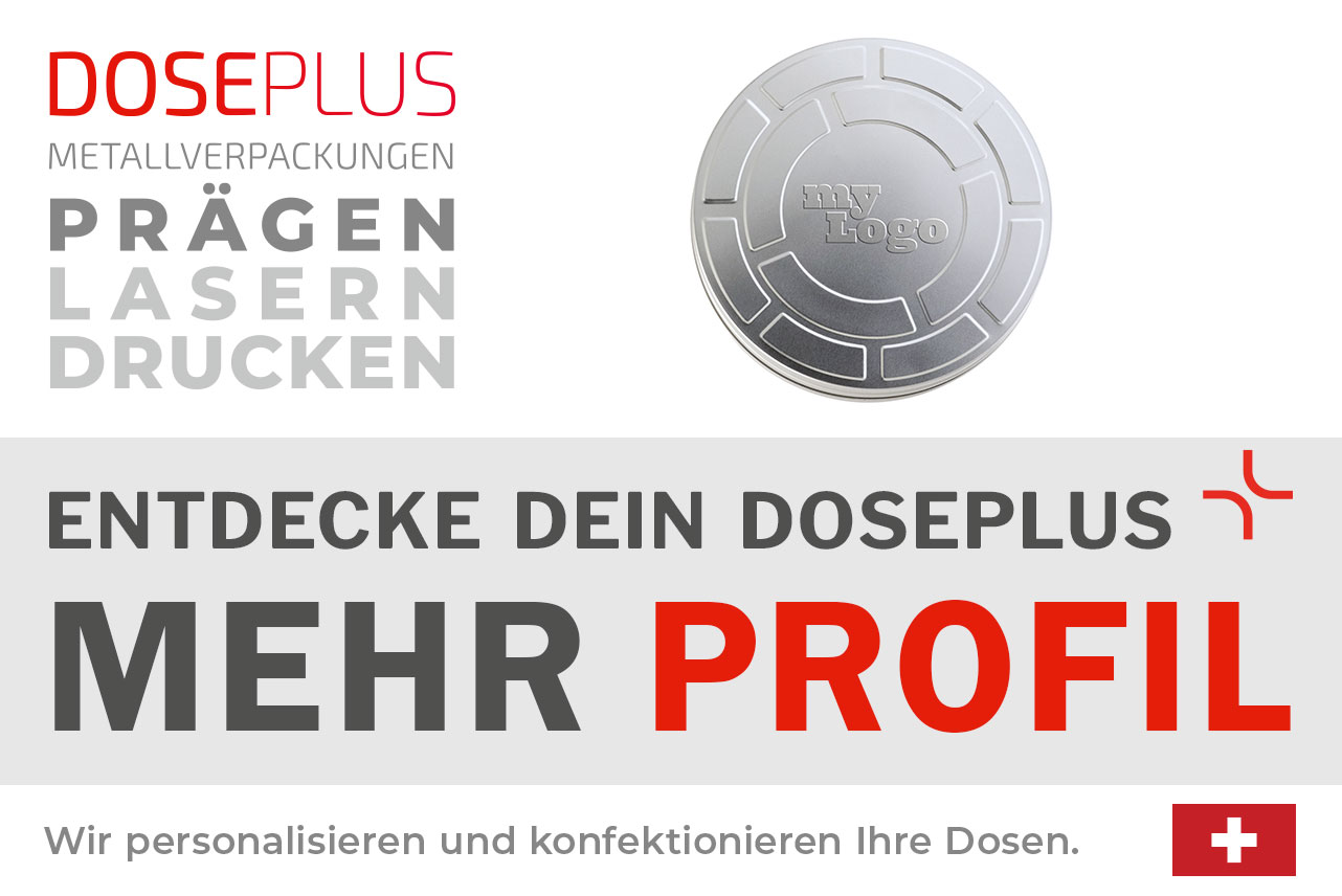 Runde Filmdose FD 100 von Doseplus – Bannertext: „Entdecke dein Doseplus – mehr Profil“. Professionelle Metalldose für individualisiertes Bedrucken, Gravieren und Prägen.