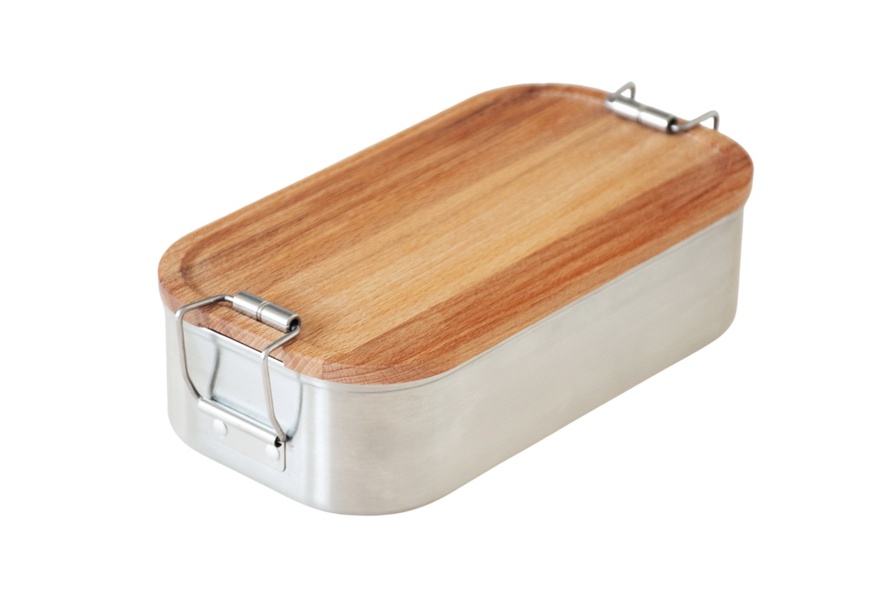 Robuste Edelstahl Brotdose & Lunchbox mit Deckel aus europäischem Buchenholz