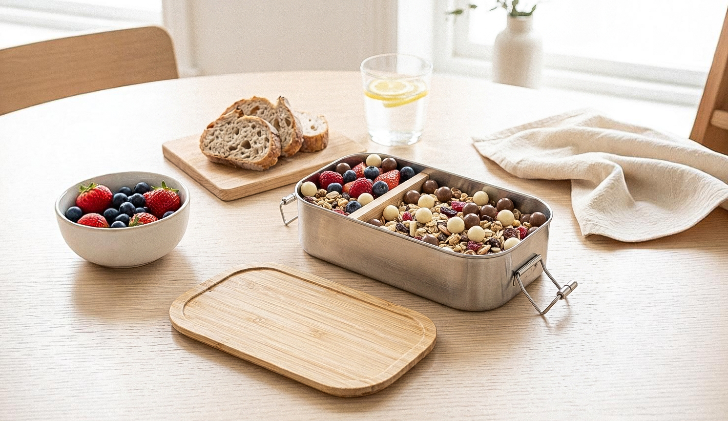 Trennwände TW BA 15 in einer Lunchbox auf einem Holztisch, gefüllt mit Müsli, Schokolade und Beeren