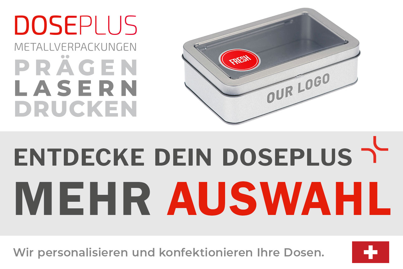 Doseplus silberne rechteckige Metalldose mit Sichtfenster, rotem Aufkleber mit der Aufschrift „FRESH“ und Seitendruck „OUR LOGO“. Text: „Metallverpackungen prägen, lasern, drucken – Entdecke dein Doseplus, mehr Auswahl“.