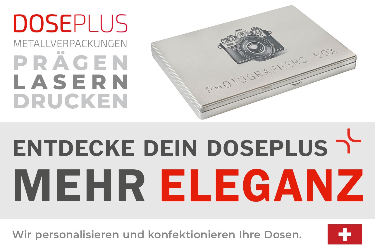 Doseplus rechteckige silberne Metalldose mit Lasergravur einer Kamera und Schriftzug „Photographers Box“. Text: „Metallverpackungen prägen, lasern, drucken – Entdecke dein Doseplus, mehr Eleganz“.