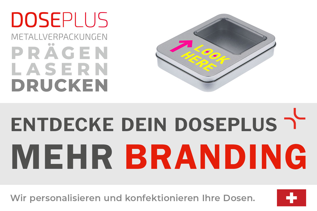 Doseplus eckige Blechdose mit Sichtfenster – Bannertext: Entdecke dein Doseplus, mehr Branding. Hochwertige Metalldose mit Druck, Gravur und Prägung für personalisierte Markenauftritte.