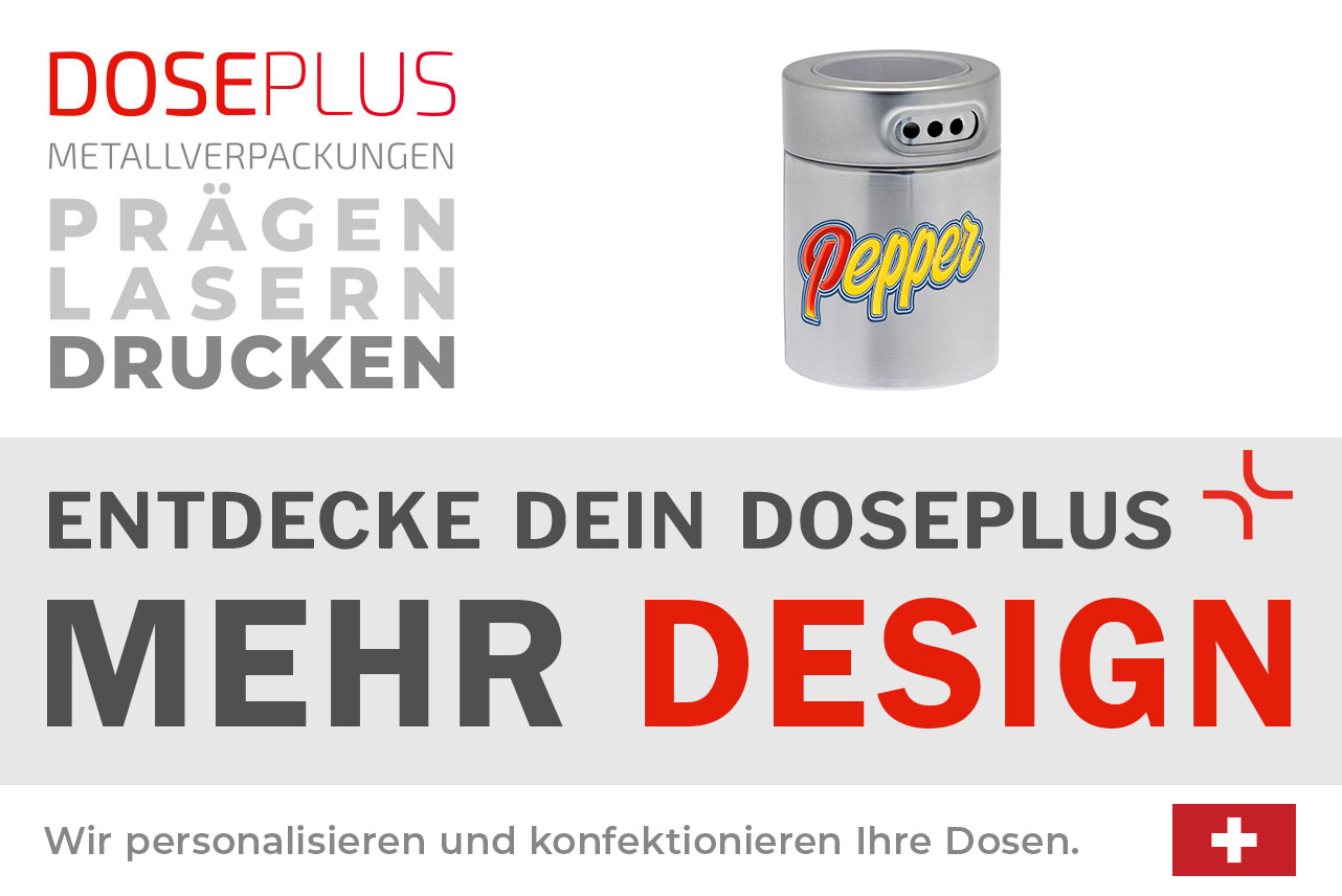 Doseplus Gewürzstreuer aus Metall – Bannertext: Entdecke dein Doseplus, mehr Design. Moderner Streuer mit Gravur oder Druck für stilvolle Gewürzverpackungen.