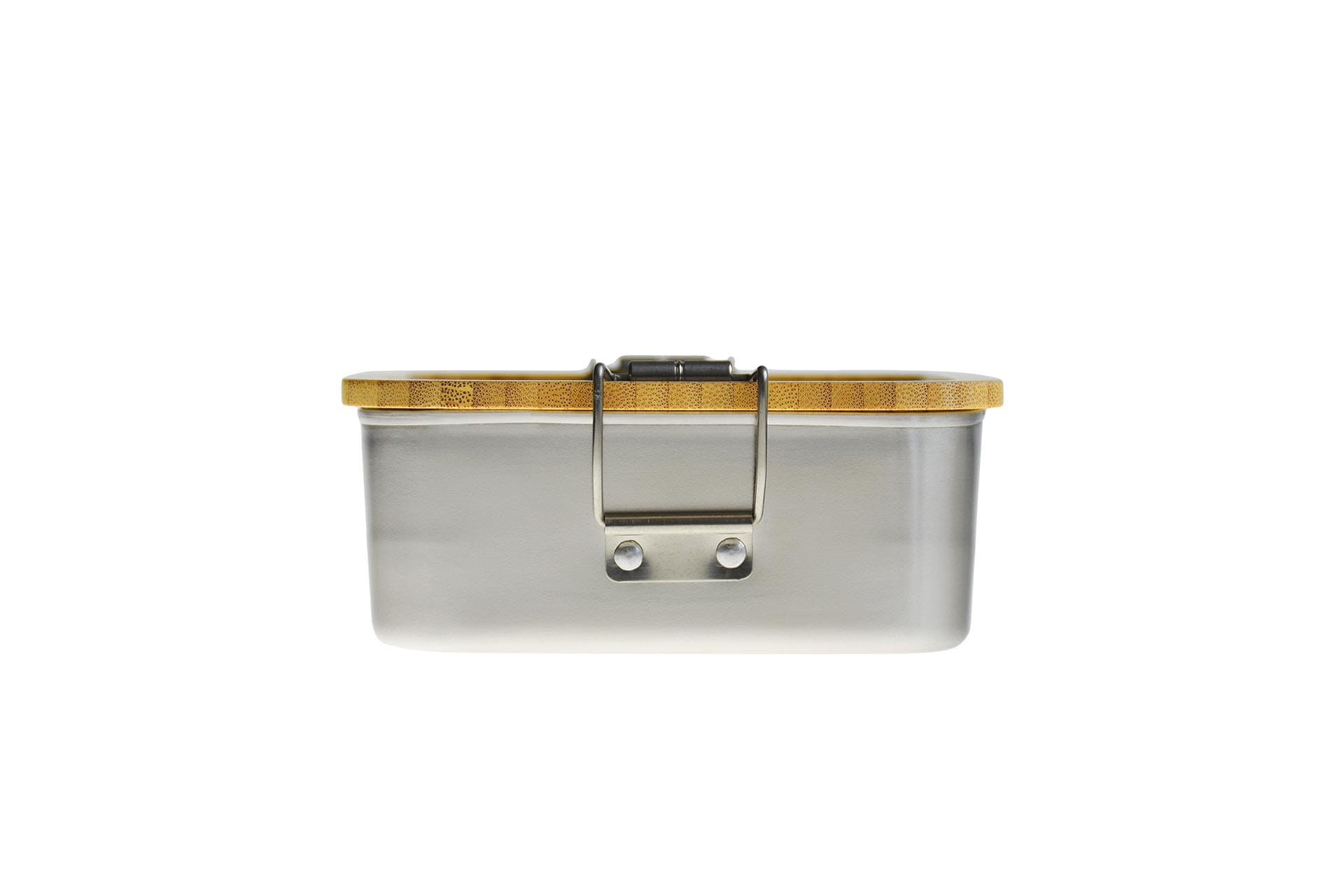 Frontansicht Edelstahl-Sandwichbox 120×120×47mm, Bambusdeckel, 630ml, spülmaschinenfest, Handwäsche Deckel.