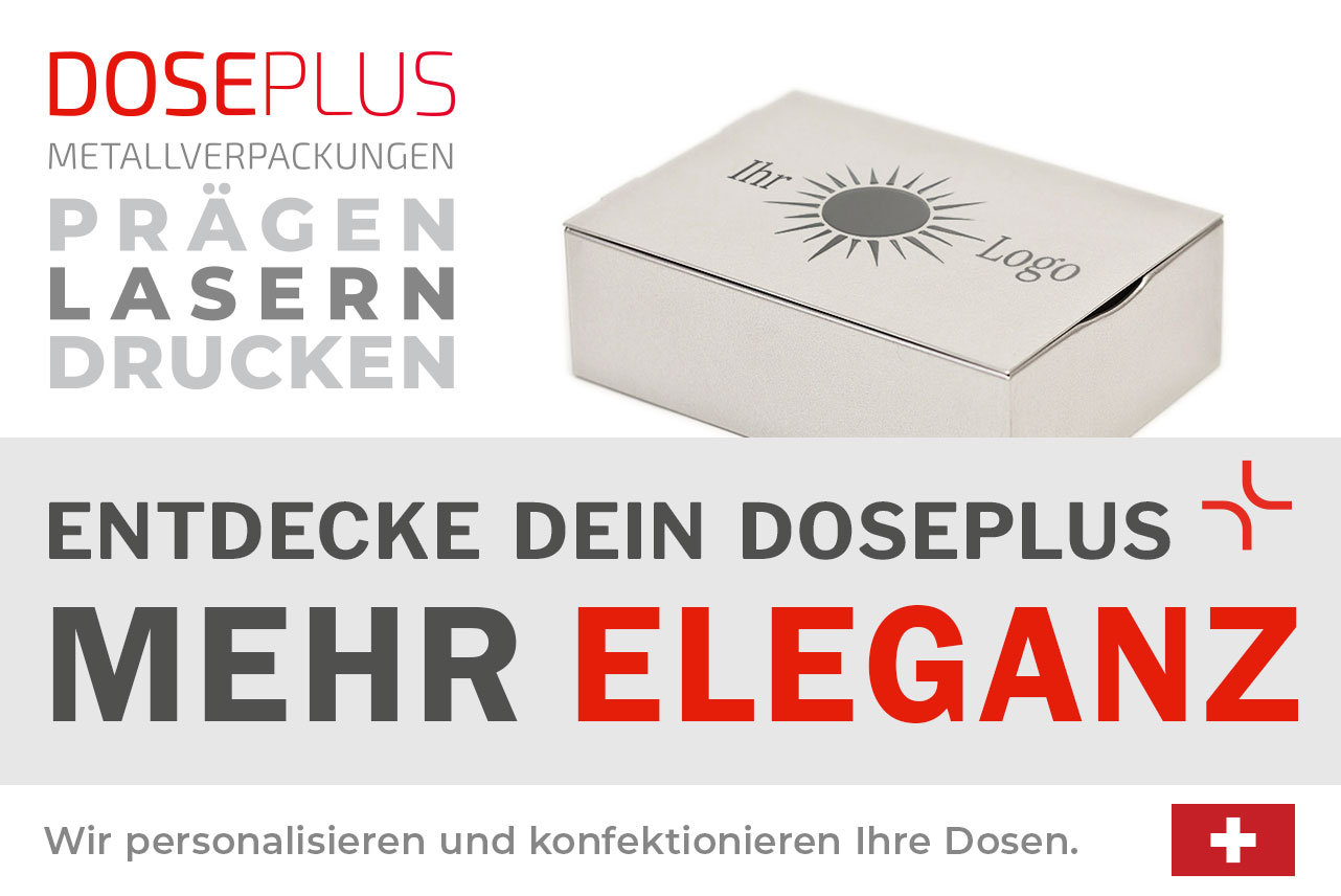 Doseplus silberne rechteckige Metalldose mit Lasergravur eines Sonnensymbols und dem Text „Ihr Logo“. Text: „Metallverpackungen prägen, lasern, drucken – Entdecke dein Doseplus, mehr Eleganz“.