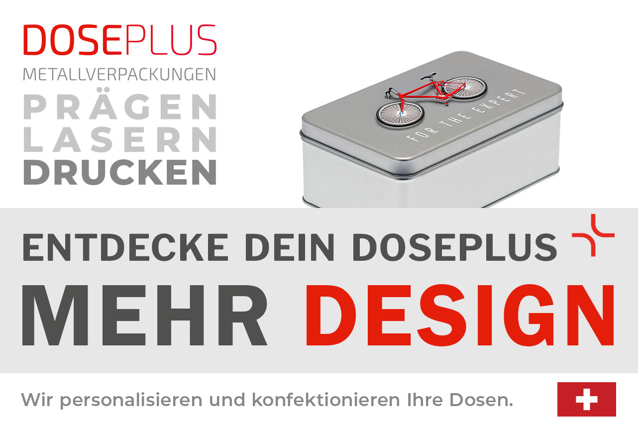 Doseplus silberne rechteckige Metalldose mit Aufdruck eines roten Fahrrads und dem Text „FOR THE EXPERT“. Text: „Metallverpackungen prägen, lasern, drucken – Entdecke dein Doseplus, mehr Design“.
