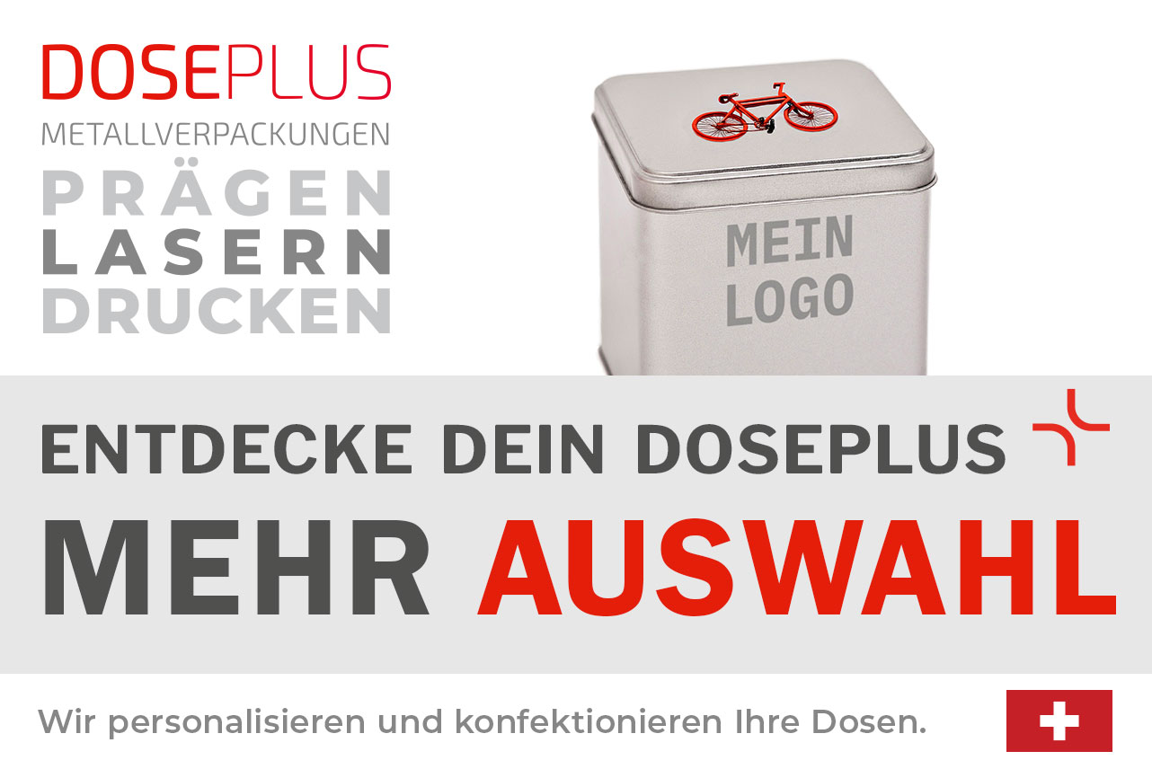 Doseplus silberne rechteckige Metalldose mit rotem Fahrradmotiv auf dem Deckel und grauer Aufschrift „Mein Logo“. Text: „Metallverpackungen prägen, lasern, drucken – Entdecke dein Doseplus, mehr Auswahl“.