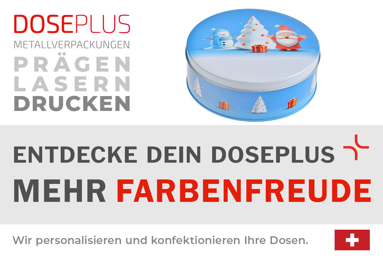 Doseplus runde Metalldose mit weihnachtlichem Motiv – Schneemann, Weihnachtsmann und Weihnachtsbaum mit Geschenken auf hellblauem Hintergrund. Text: „Metallverpackungen prägen, lasern, drucken – Entdecke dein Doseplus, mehr Farbenfreude“.