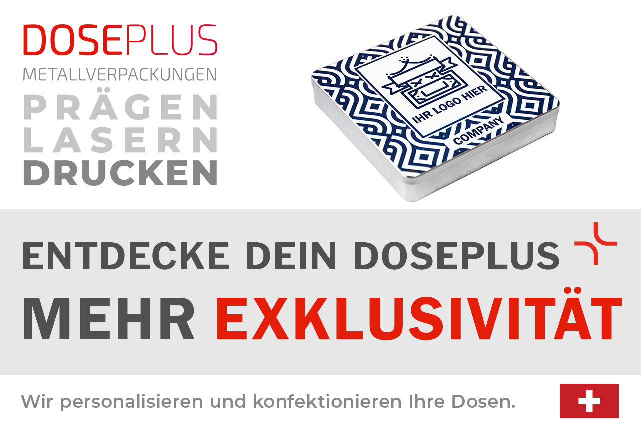 Doseplus quadratische Schokoladendose – Bannertext: Entdecke dein Doseplus, mehr Exklusivität. Hochwertige Metalldose mit Prägung, Gravur und Druck für edle Markenpräsentation.