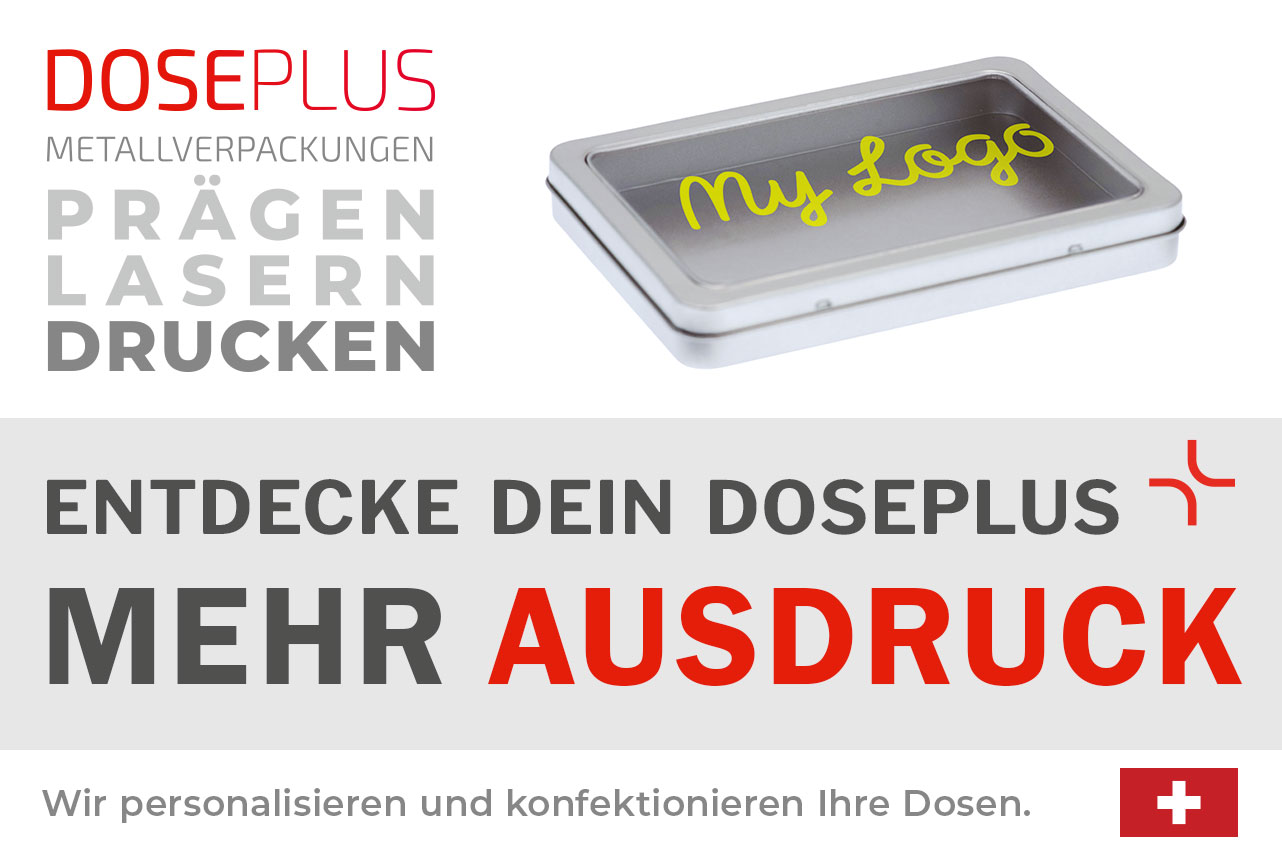 Doseplus DIN A6 Maxi View Metalldose mit Sichtfenster – Bannertext: Entdecke dein Doseplus, mehr Ausdruck. Edle rechteckige Dose mit klarem Deckel für individuelle Präsentation und Druckveredelung.