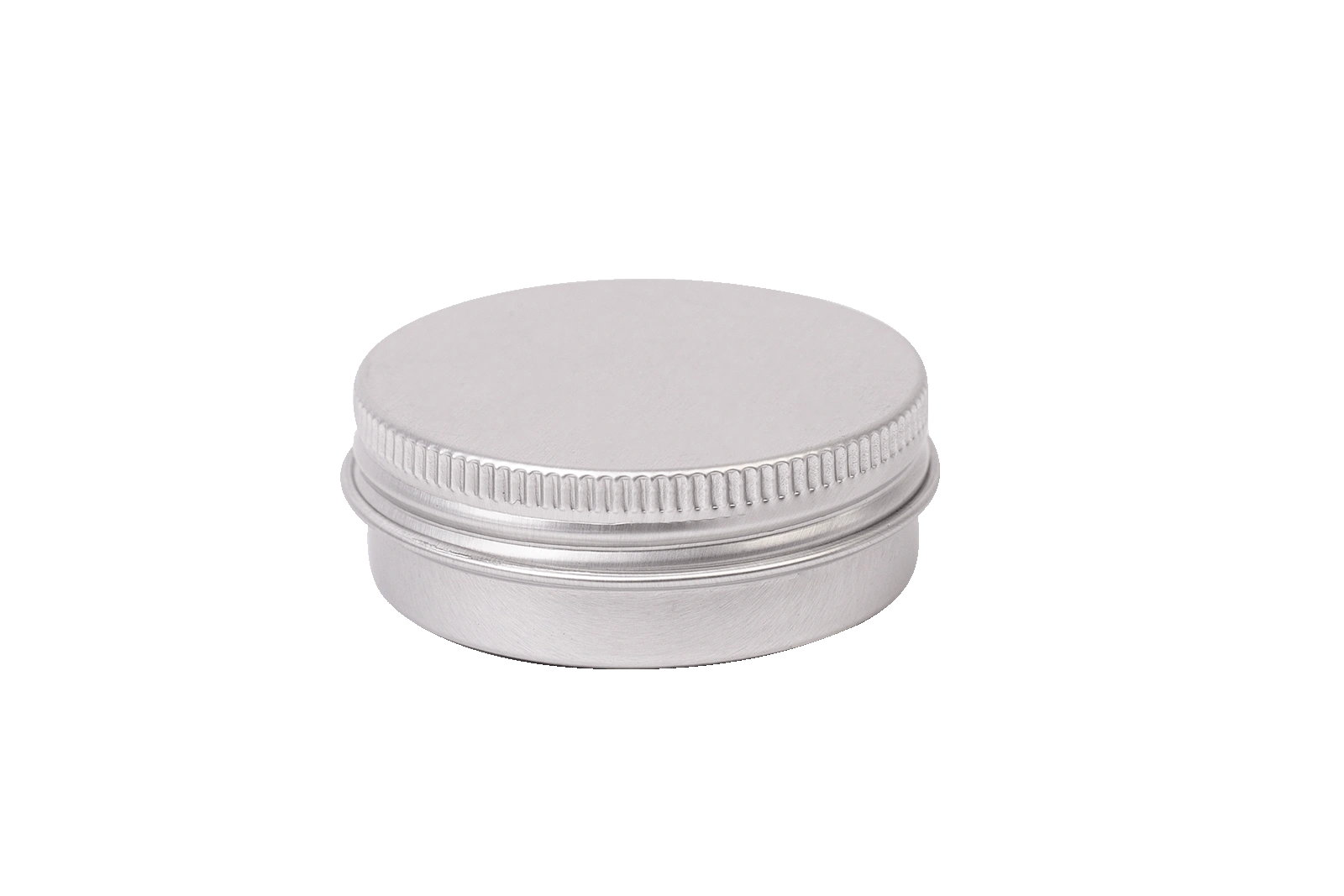 Silberfarbene, runde Aluminiumdose mit abnehmbarem Schraubdeckel, von schräg oben fotografiert