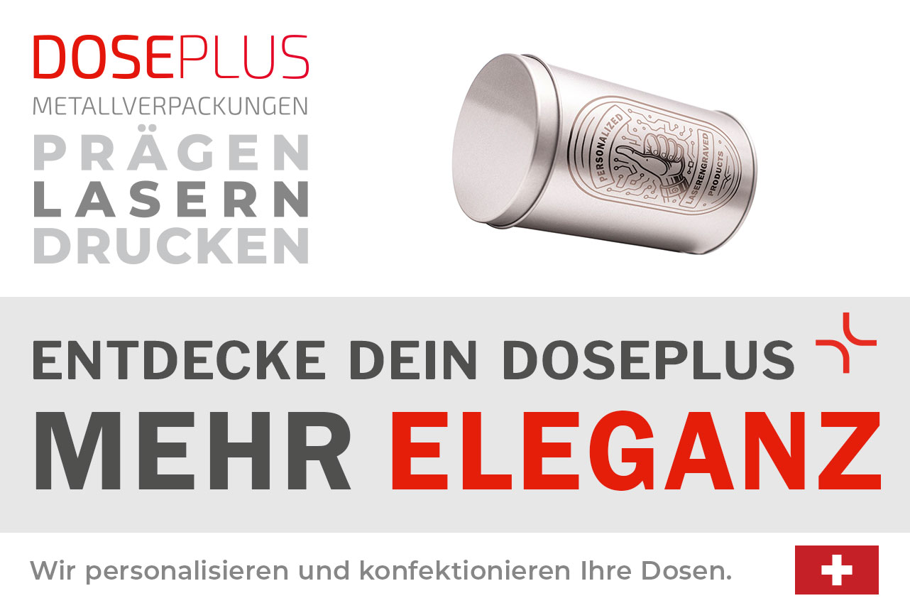 Doseplus runde Metalldose – Bannertext: Entdecke dein Doseplus, mehr Eleganz. Hochwertige Metalldose mit Gravur, Prägung und Druck für individuelle Gestaltung.