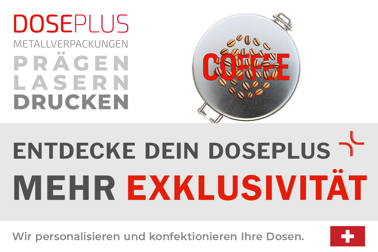 Runde Kaffeeblechdose DSA 025 – Banner: Entdecke dein Doseplus – Mehr Exklusivität. Robuste Metallverpackung zur professionellen Individualisierung und Werbeanbringung im B2B-Bereich.