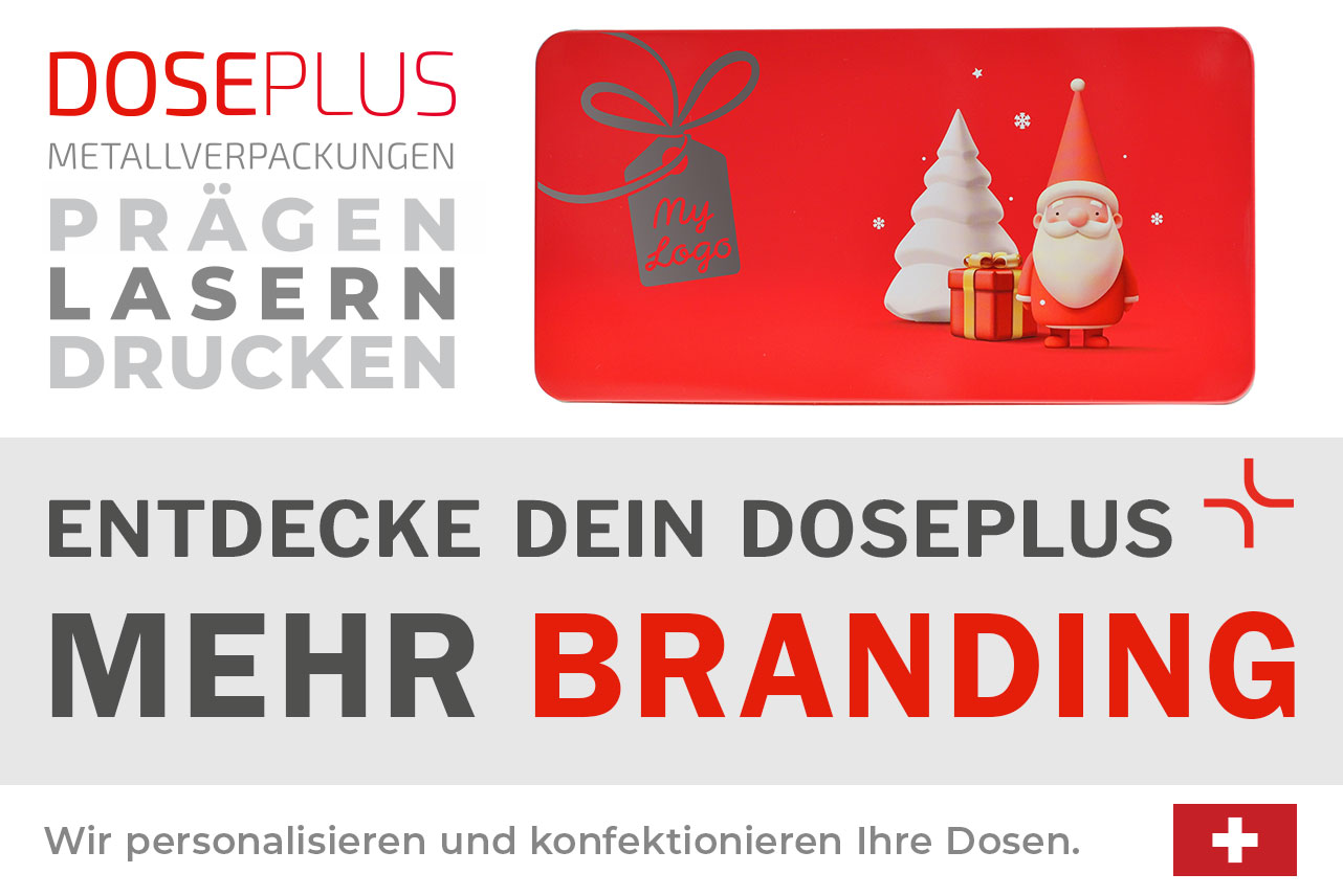 Rote Weihnachtsdose WD 030 mit Lasergravur und Wintermotiv. Bannertext: Entdecke dein Doseplus – mehr Branding. Metallverpackung für professionelle Firmen-Brandings durch Druck, Laser und Prägung.