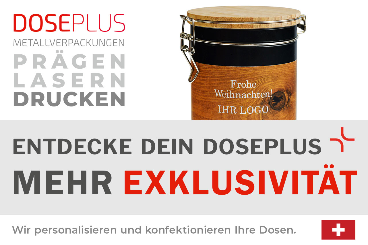 Doseplus Metallverpackung mit Holzoptik und Bambusdeckel, Gravur „Frohe Weihnachten! Ihr Logo“. Text: „Metallverpackungen prägen, lasern, drucken – Entdecke dein Doseplus, mehr Exklusivität“.