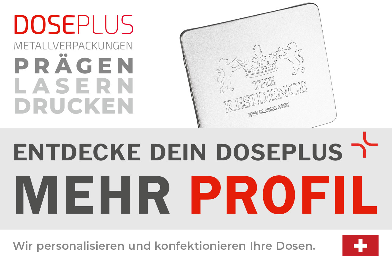 Doseplus rechteckige silberne Metalldose mit geprägtem Motiv aus Krone und zwei Löwen sowie Schriftzug „The Residence – New Classic Rock“. Text: „Metallverpackungen prägen, lasern, drucken – Entdecke dein Doseplus, mehr Profil“.