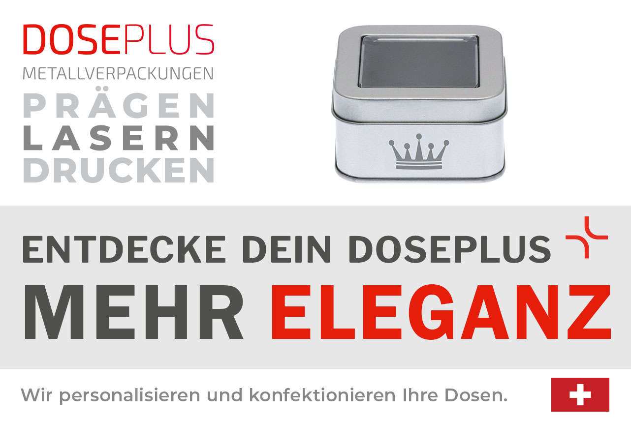 Doseplus quadratische Metalldose – Bannertext: Entdecke dein Doseplus, mehr Eleganz. Edle Blechdose mit Gravur, Prägung und Druck für stilvolle Verpackungslösungen.