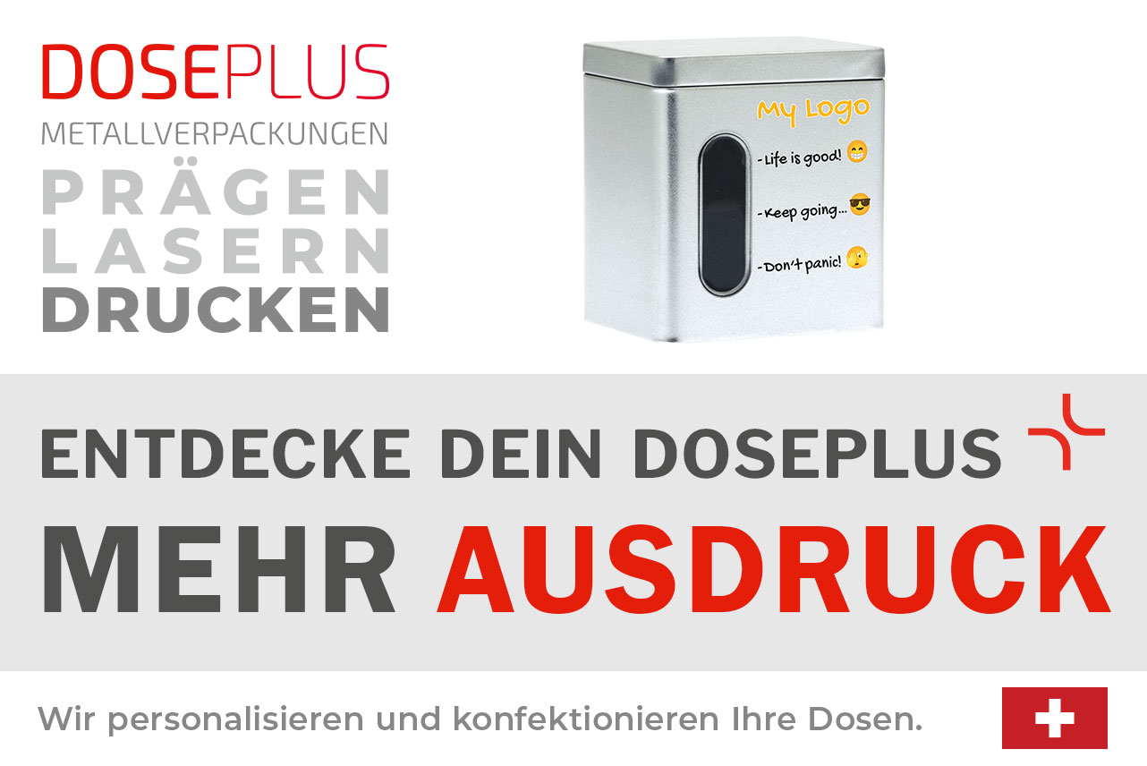 Rechteckige Weißblech-Vorratsdose DSA 010 mit Sichtfenster – Banner: Entdecke dein Doseplus – Mehr Ausdruck. Robuste Metalldose für maßgeschneiderte Veredelung und Branding.